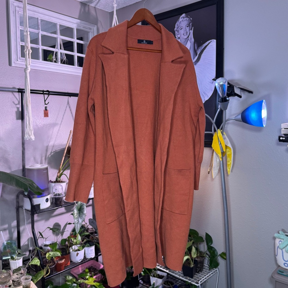 Lillusory Longline Cardigan Sweater Womens Large Orange Excellent‎ Lapel Pocket